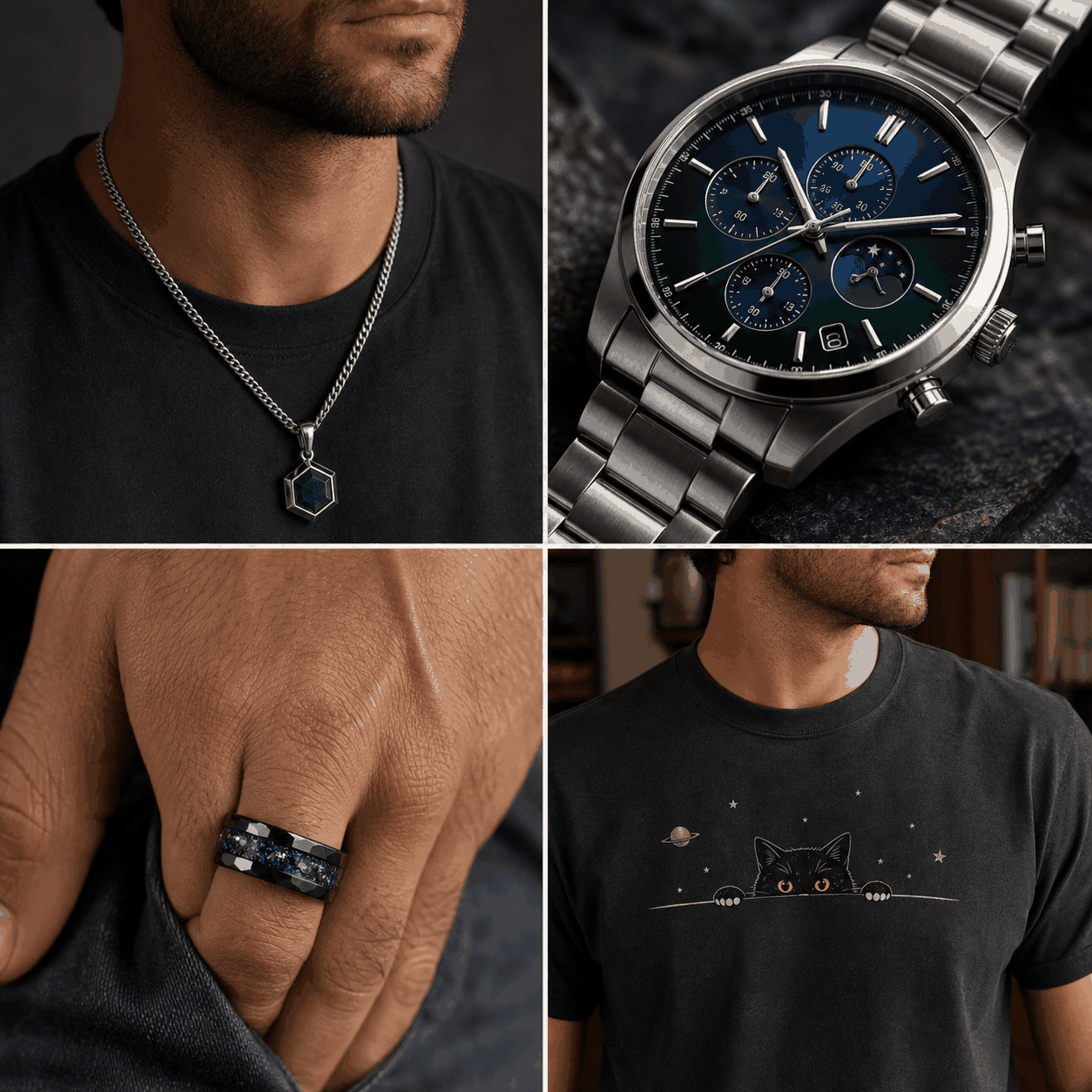 Cropped editorial concepts featuring a green hex pendant and midnight-blue watch