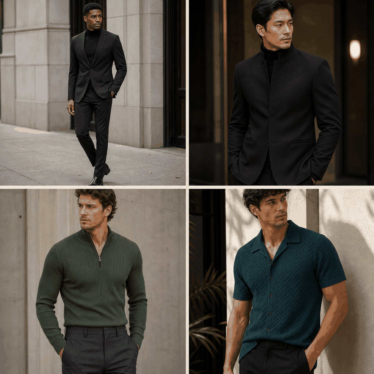 Editorial concepts featuring an all-black suit, black high-collar jacket, forest quarter-zip knit, and deep-teal textured polo