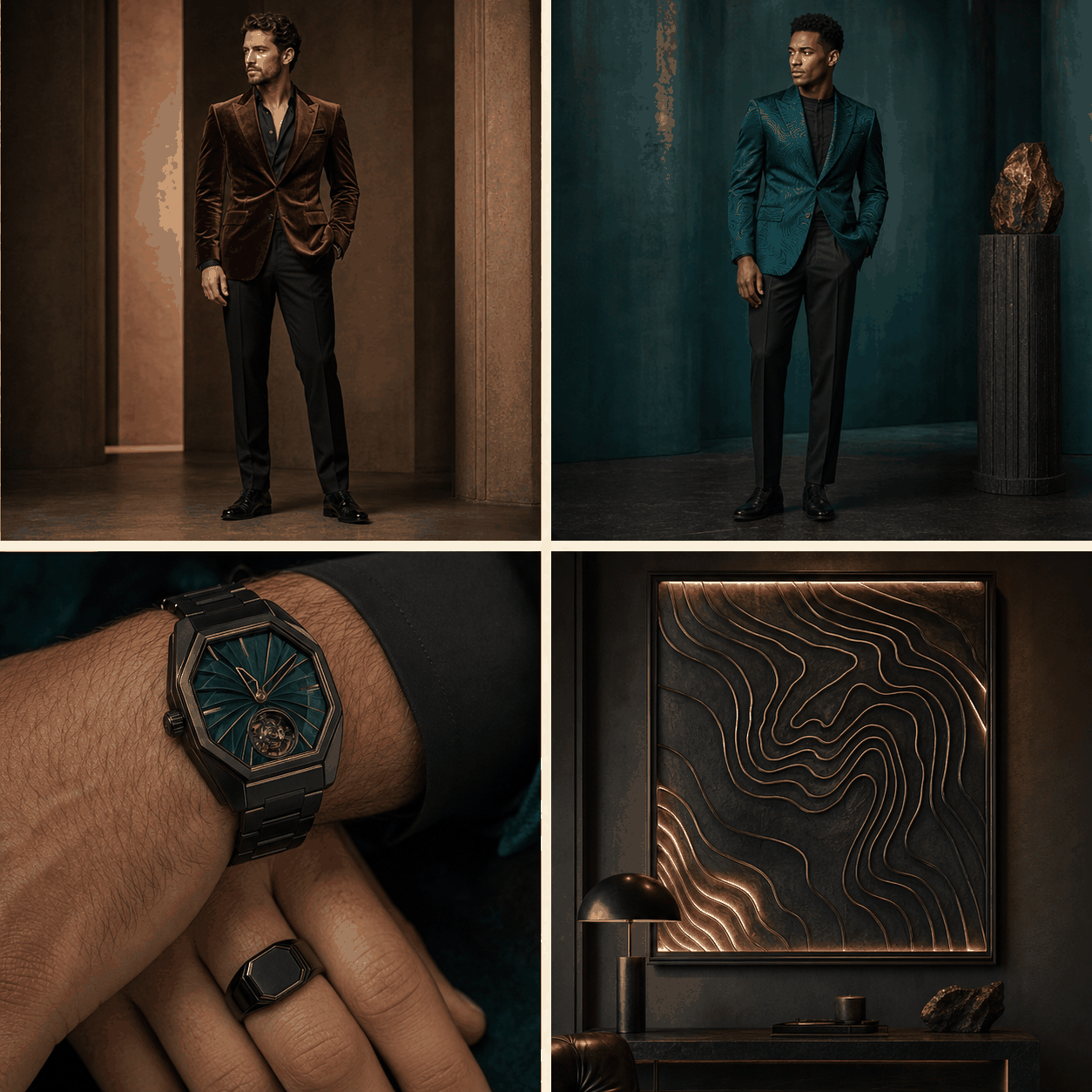 Cropped editorial concept featuring a structured bronze velvet blazer