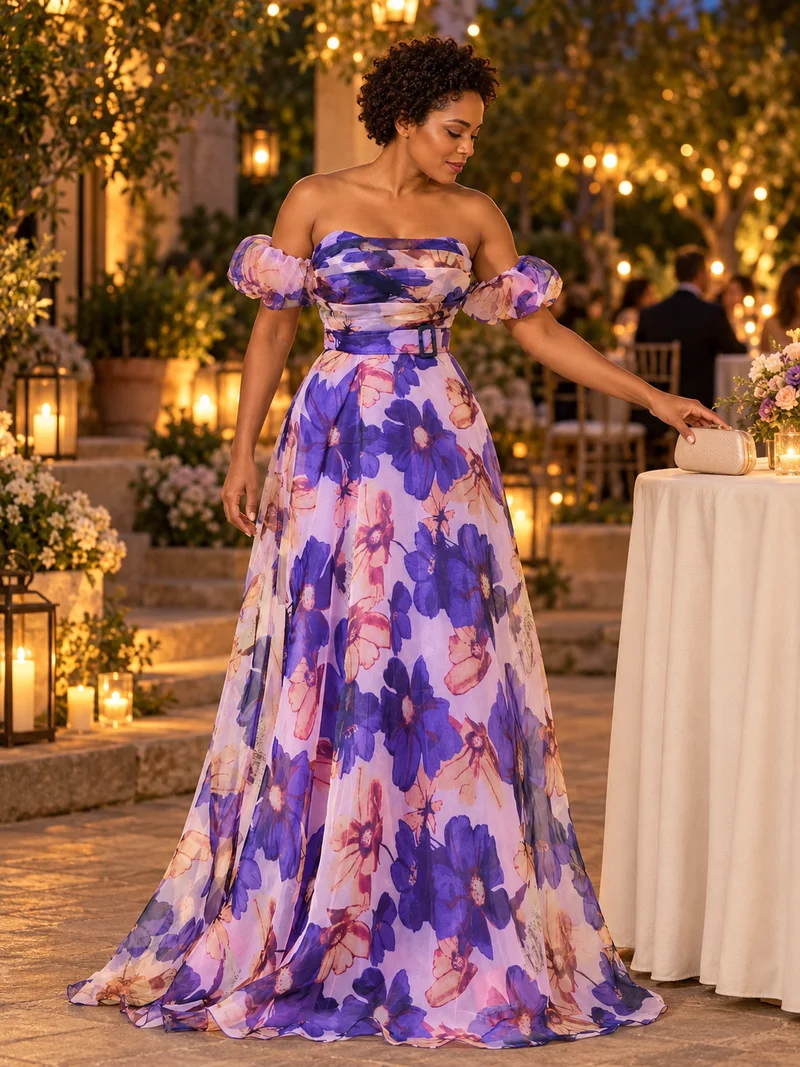Purple purple floral off-shoulder A-line gown worn candidly in warm evening light