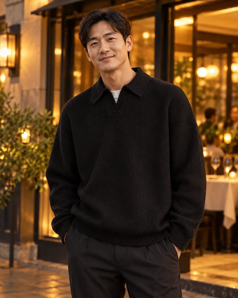 Black relaxed collared sweater worn in an evening look