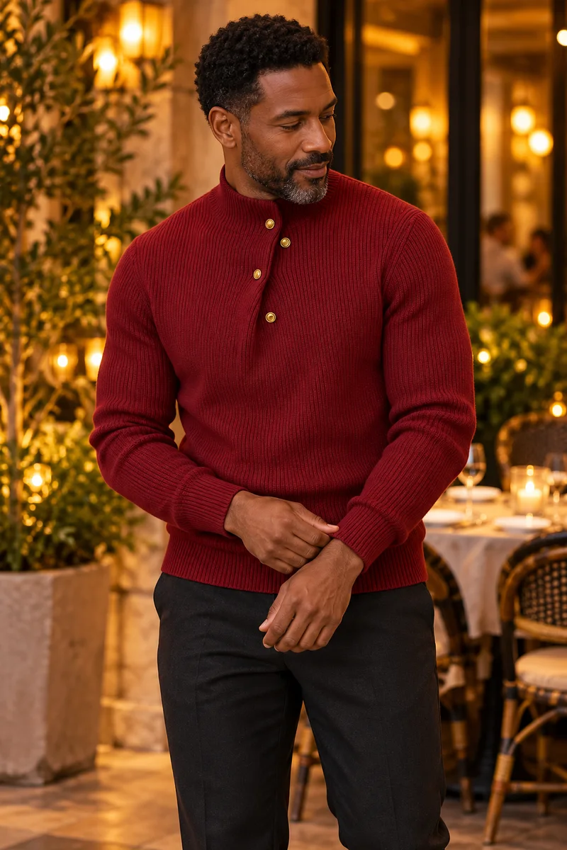Wine rivet-detail rib-knit mock-neck pullover worn candidly in warm evening light
