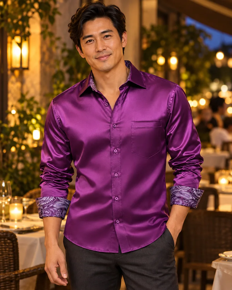 CY-2817 patterned-cuff satin shirt worn in an evening look