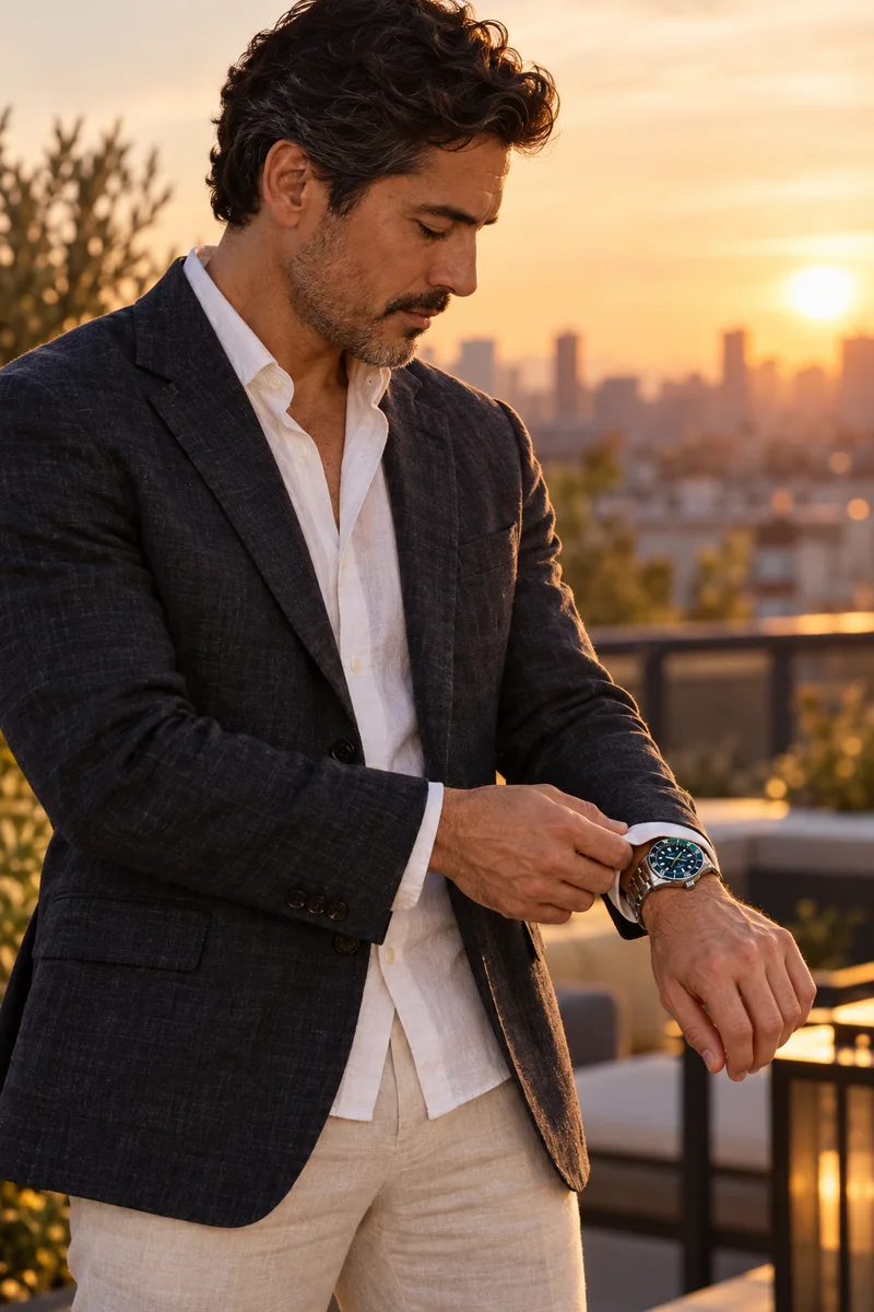 Seiko SPB431J1 watch worn naturally while adjusting clothing in warm evening light