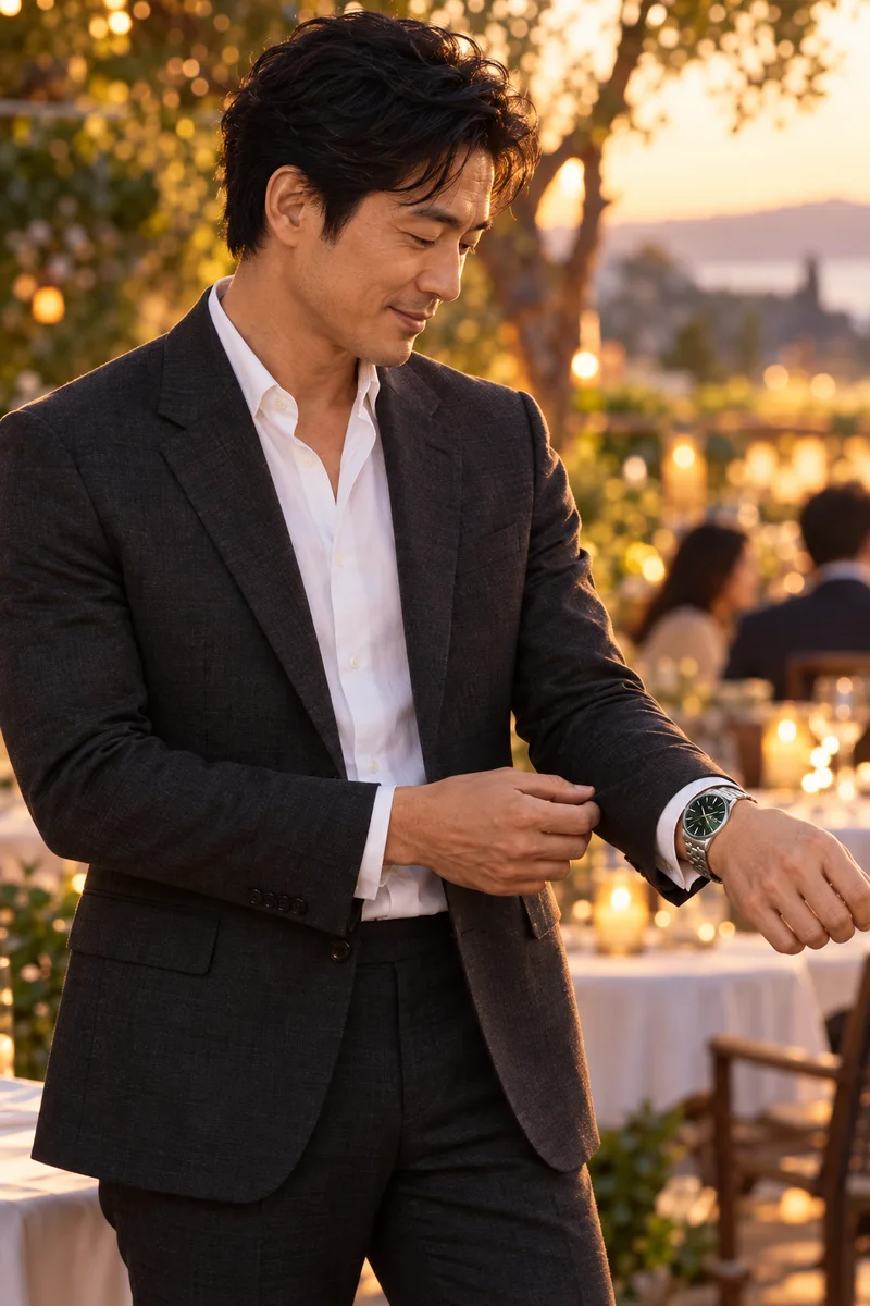 Seiko SRPE15J1 watch worn naturally while adjusting clothing in warm evening light