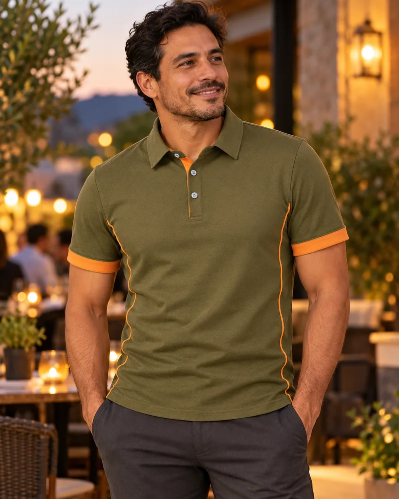 Army orange-trimmed side-piped polo worn in an evening look