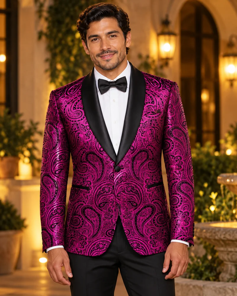 XXDJ4011 paisley black-lapel blazer worn in an evening look