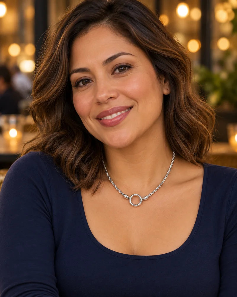 Silver push-lock rope necklace worn naturally in an evening look