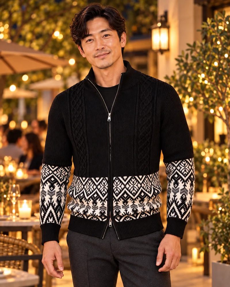 Black snowflake zip cardigan worn in an evening look