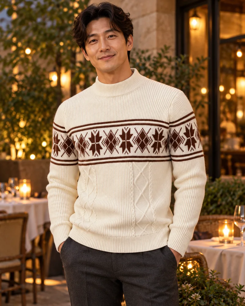White snowflake mockneck pullover worn in an evening look