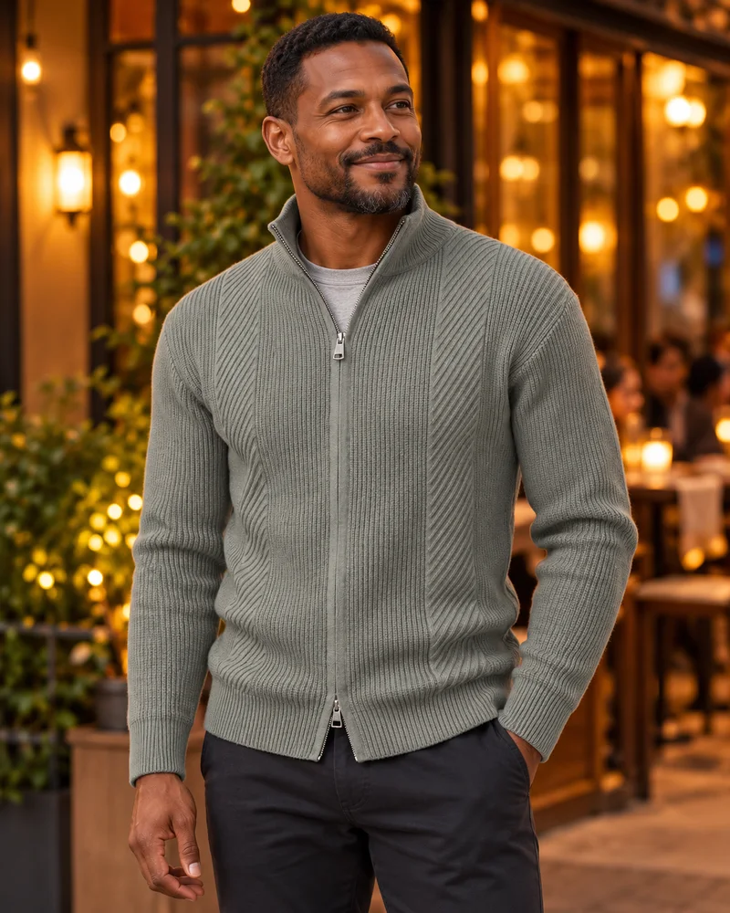 Grey Green diagonal-rib zip cardigan worn in an evening look