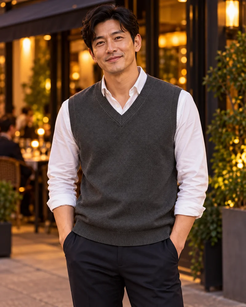 Dark Grey V-neck pullover vest worn in an evening look