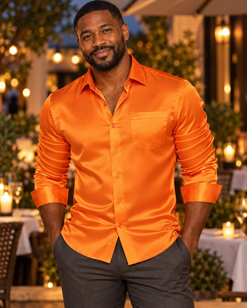 CYDJ2608 solid satin dress shirt worn in an evening look