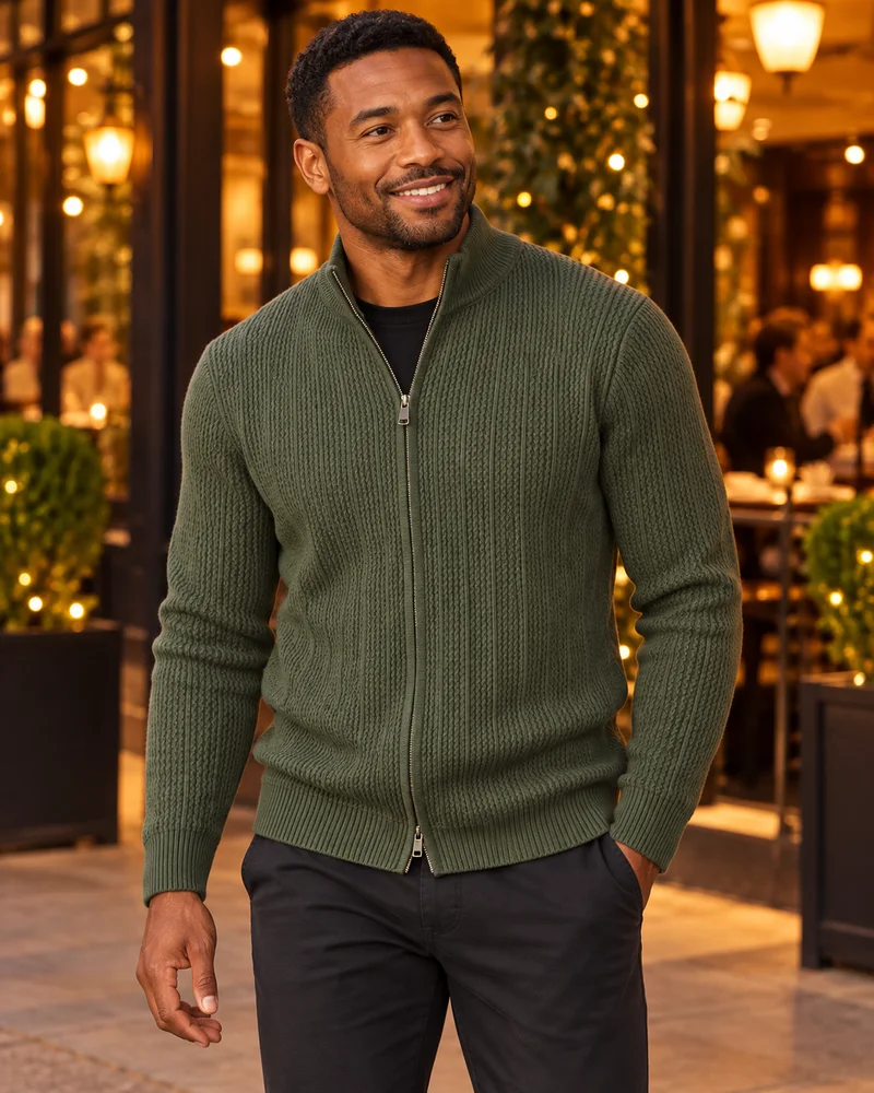 Dark Brown zip-front cardigan worn in an evening look