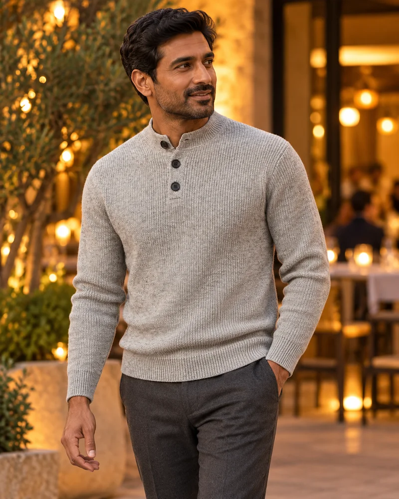 Grey three-button stand-collar knit sweater worn candidly in warm evening light