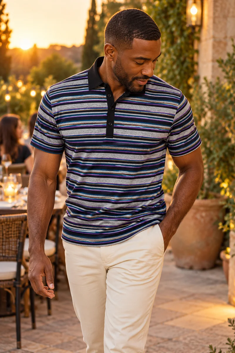 Striped short-sleeve polo No.4 worn candidly in warm evening light