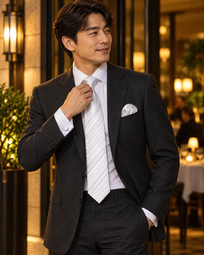 White and silver diagonal tie pocket square and cufflink set worn naturally in warm evening light
