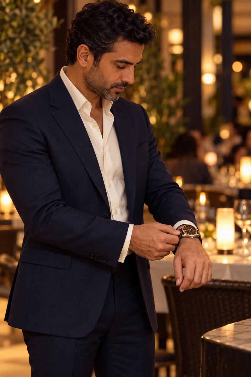 Tissot Gentleman watch worn naturally while adjusting clothing in warm evening light