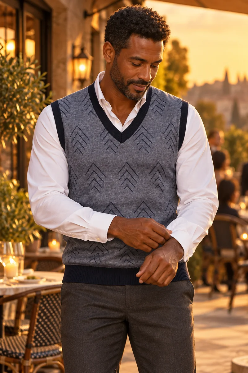 M39 V-neck sweater vest worn candidly in warm evening light