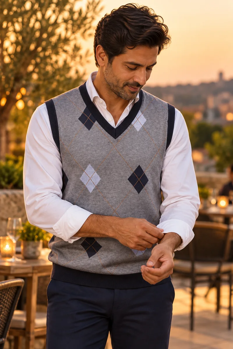 M50 sweater vest worn candidly in warm evening light