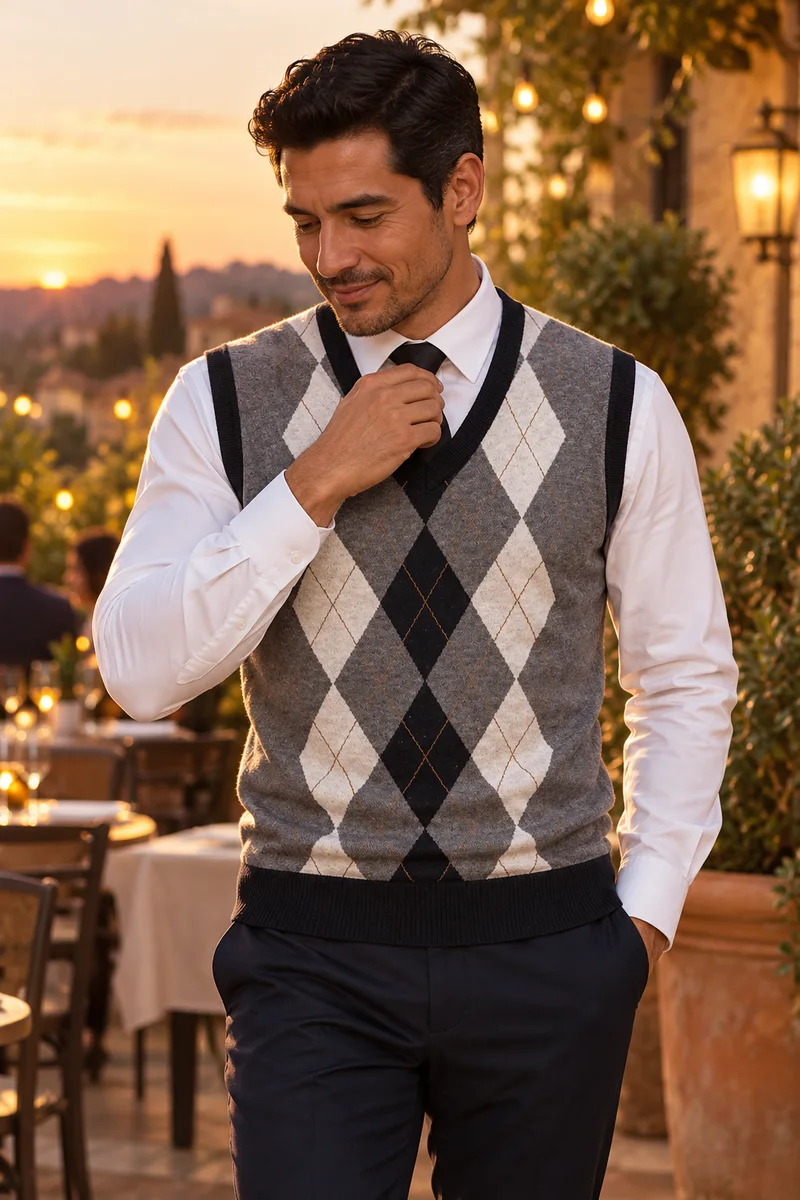 M51 checkered knit vest worn candidly in warm evening light