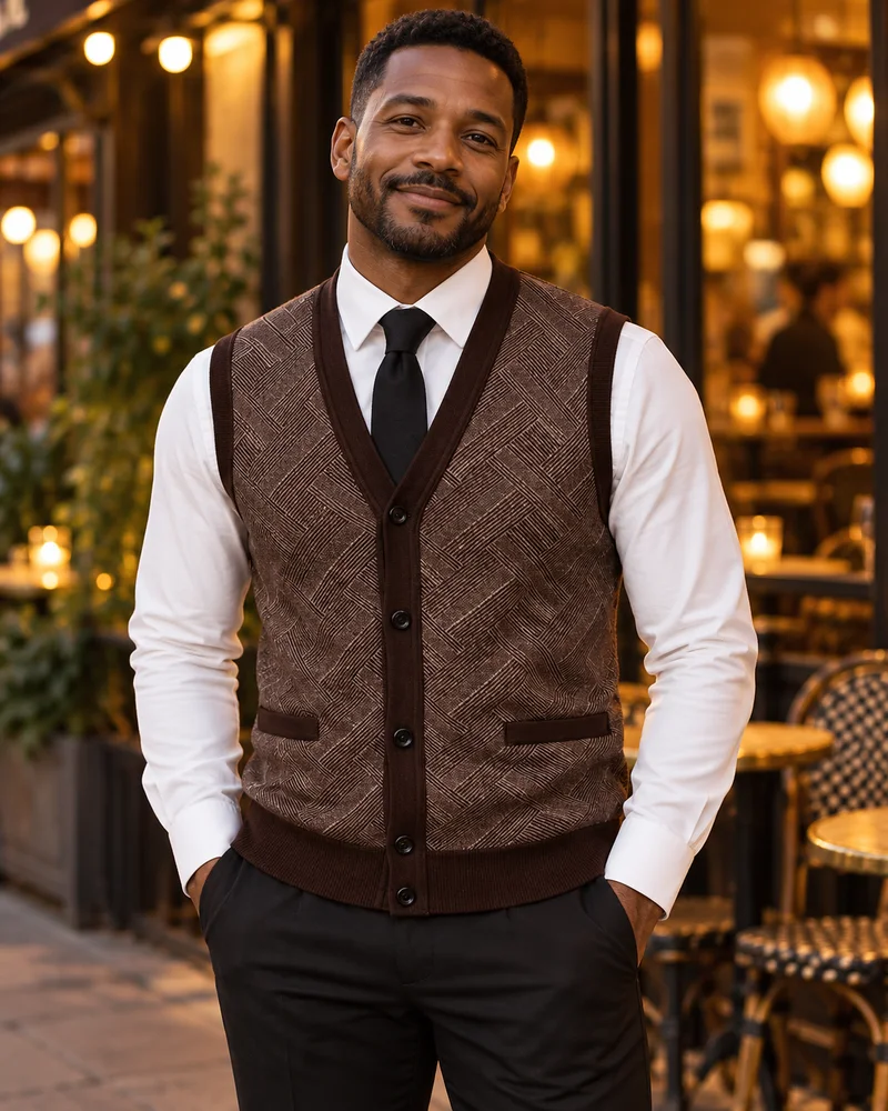 Coffee V-neck knit vest worn in an evening look