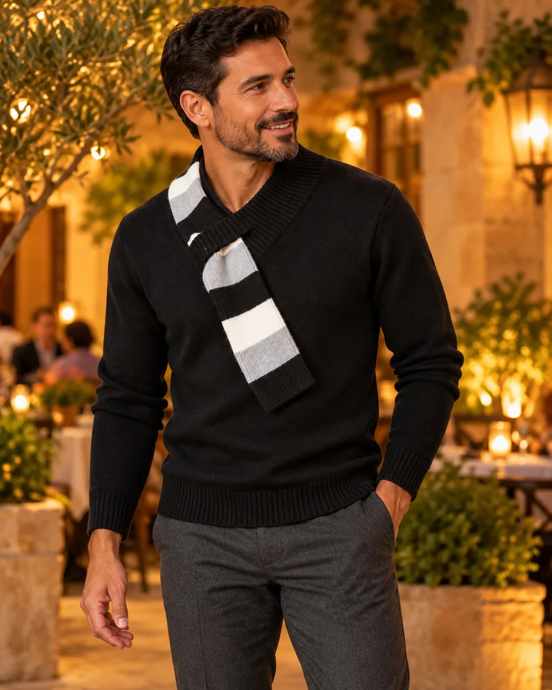 Black striped scarf-neck knit sweater worn candidly in warm evening light