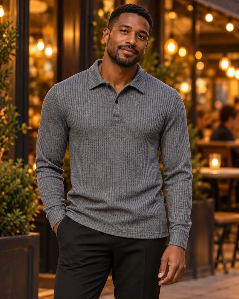 Grey waffle-texture long-sleeve polo worn in an evening look
