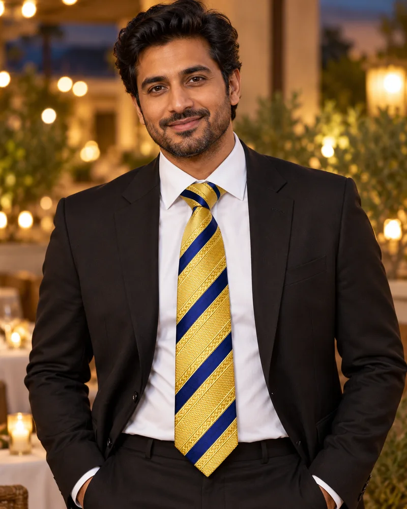 LDSN9559 yellow collection necktie worn in an evening look
